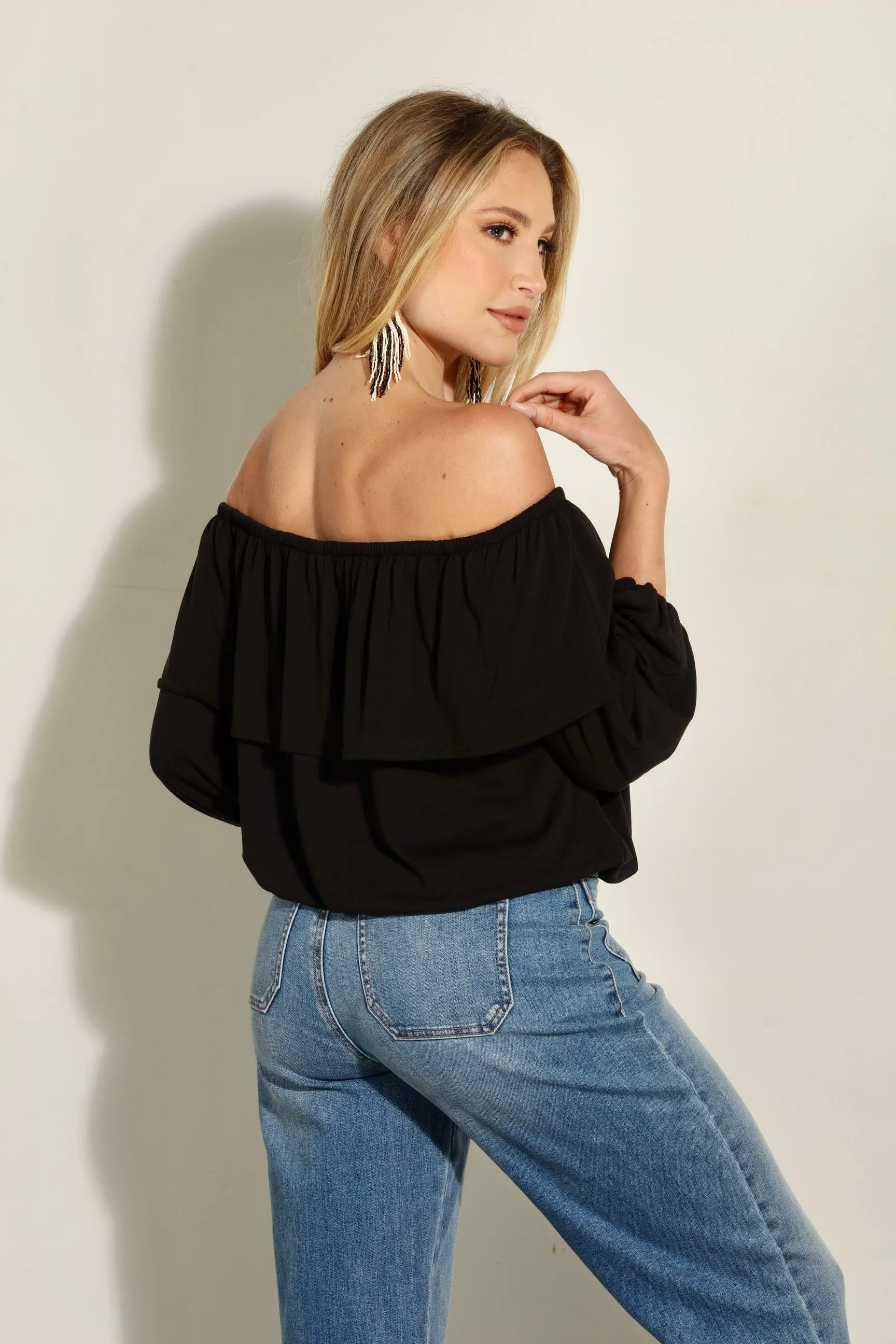 Black Cupro OTS Ruffle Top sold by Veronica M product image thumbnail 2
