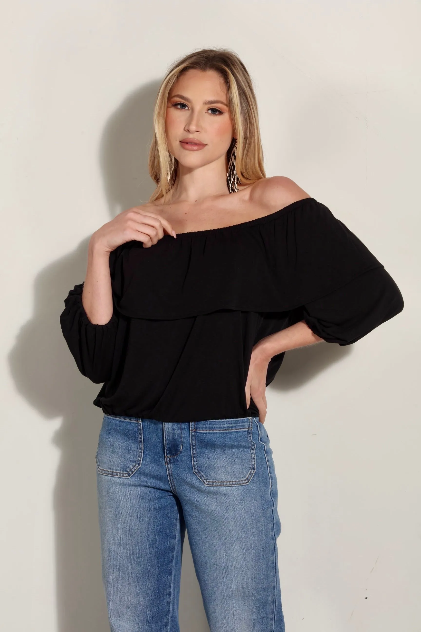 Black Cupro OTS Ruffle Top sold by Veronica M