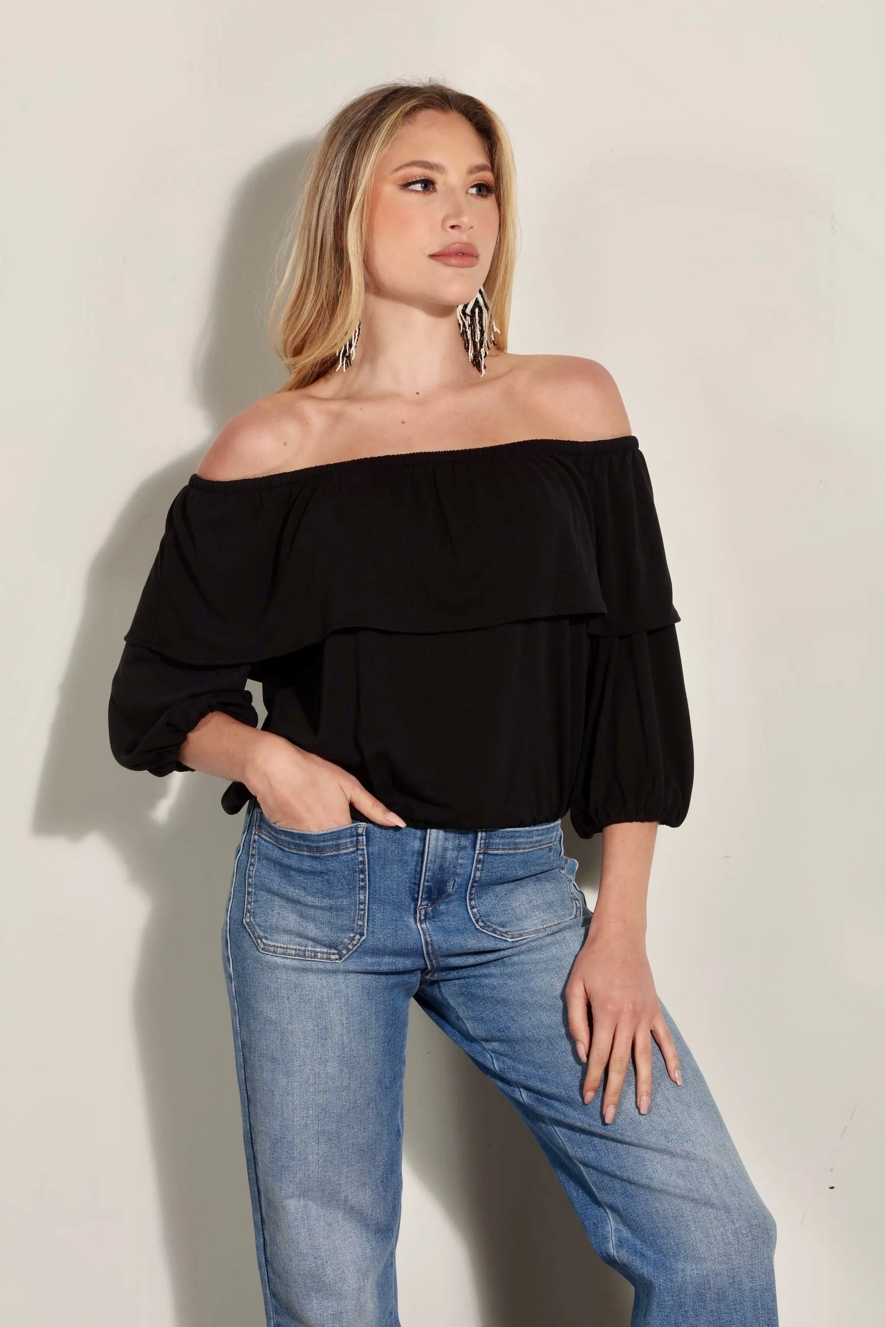 Black Cupro OTS Ruffle Top sold by Veronica M product image thumbnail 3