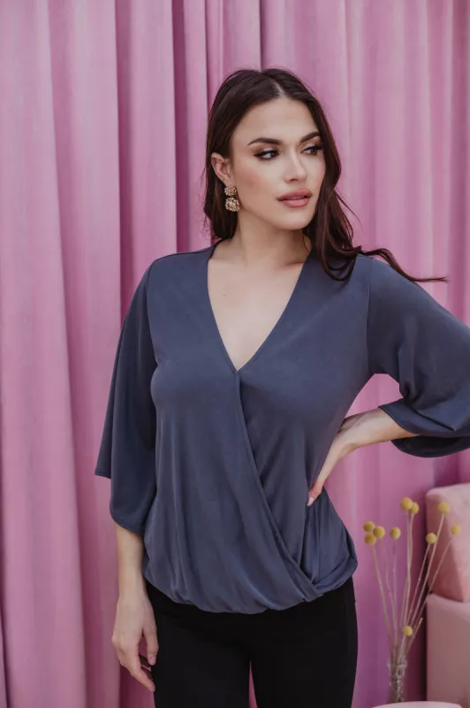 Navy Cupro Surplice Top-FINAL SALE sold by Veronica M