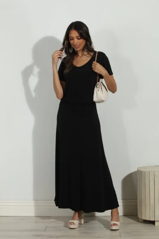 Black Short Sleeve Drop Waist Maxi Dress-FINAL SALE sold by Veronica M
