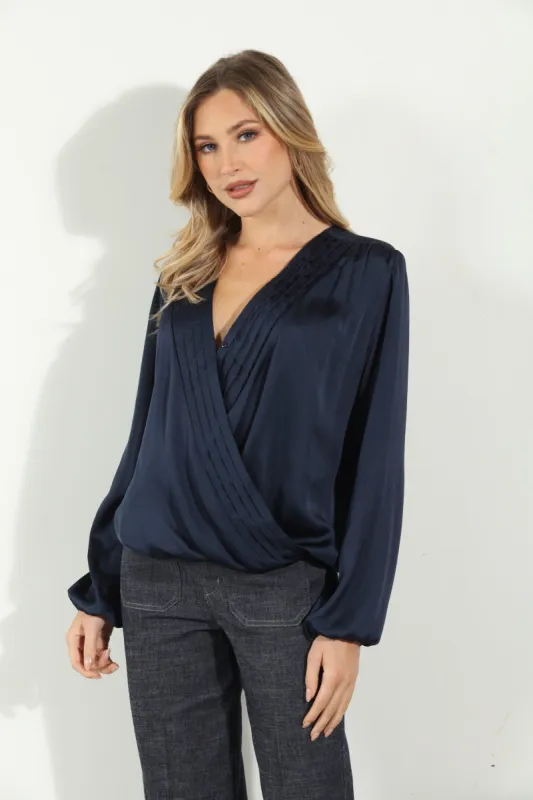 Navy Satin Surplice Pleated Top- FINAL SALE sold by Veronica M
