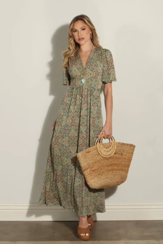 Neema Stretch Deep V Flutter Sleeve Maxi Dress sold by Veronica M