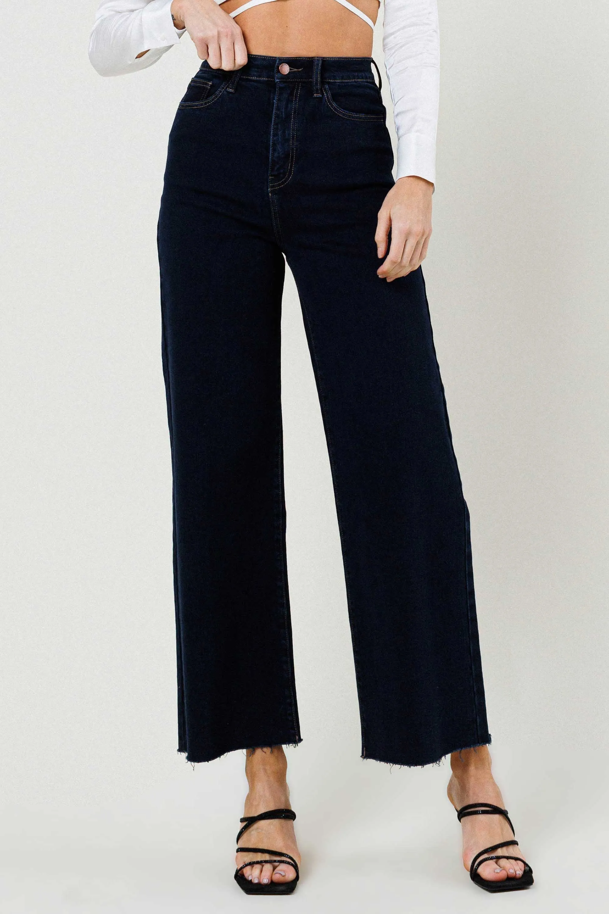 Indigo Raw Edge Cut Wide Leg Jeans sold by Vibrant