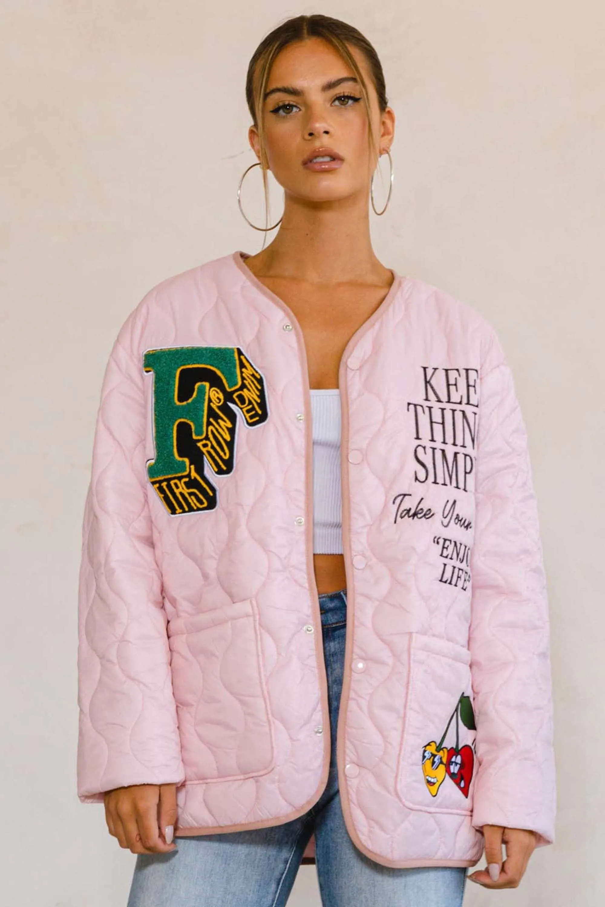 LETTER PATCH QUILTED LINER JACKET sold by Vibrant