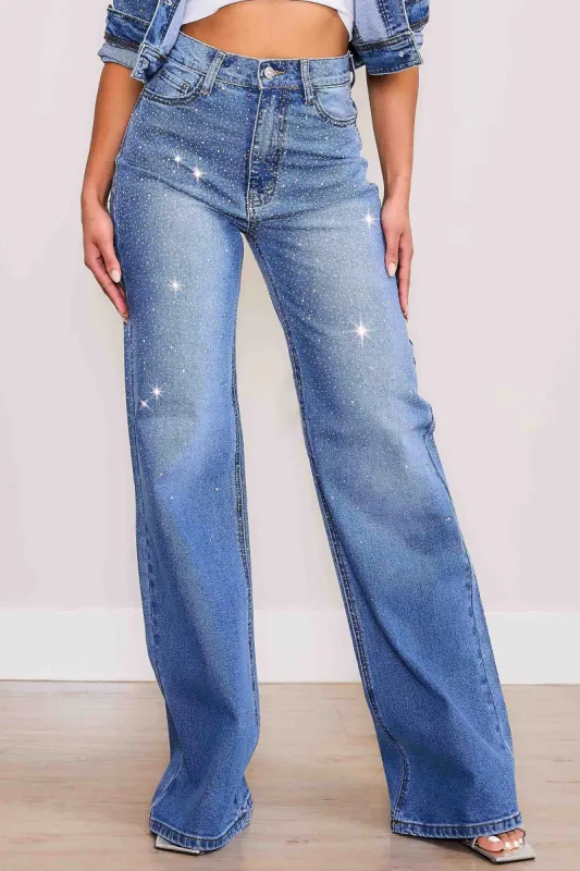 Iridescent Rhinestone High-Rise Wide Leg Jeans sold by Vibrant