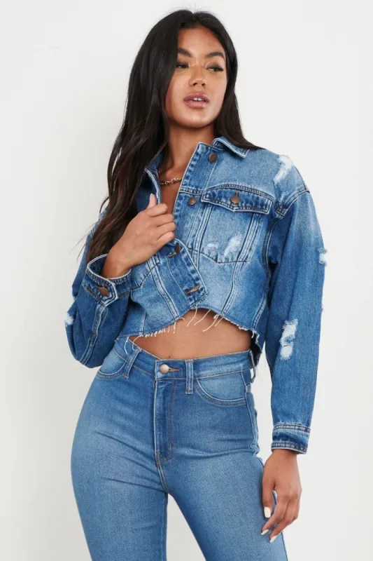 Distressed Cropped Denim Jacket sold by Vibrant