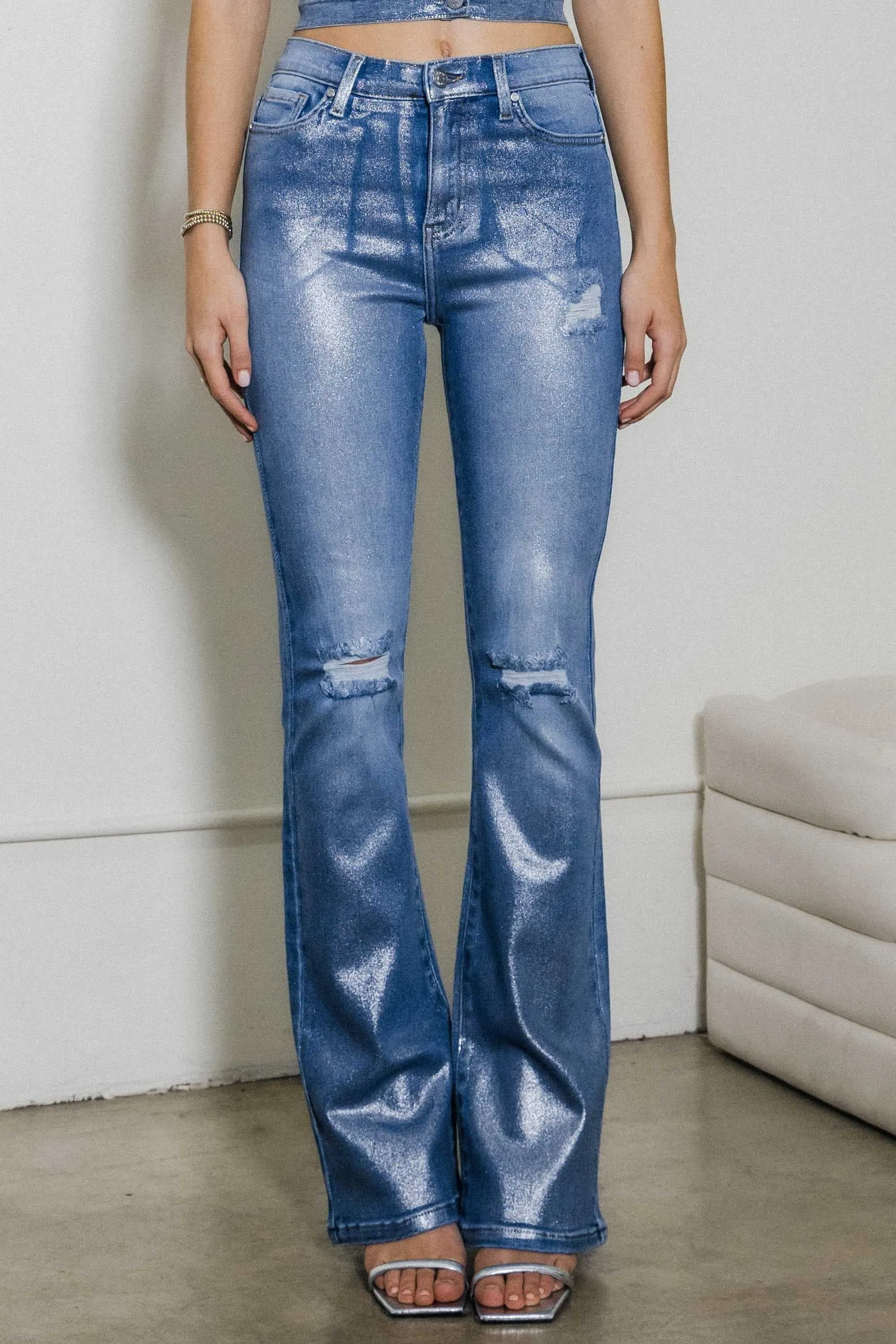 Silver Foil Bootcut Jeans sold by Vibrant