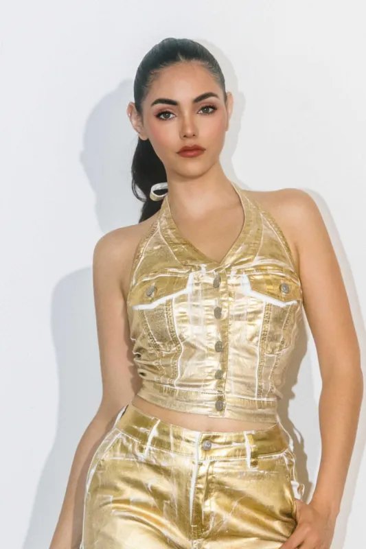 [XTOP080] Gold Foil Halter Top sold by Vibrant