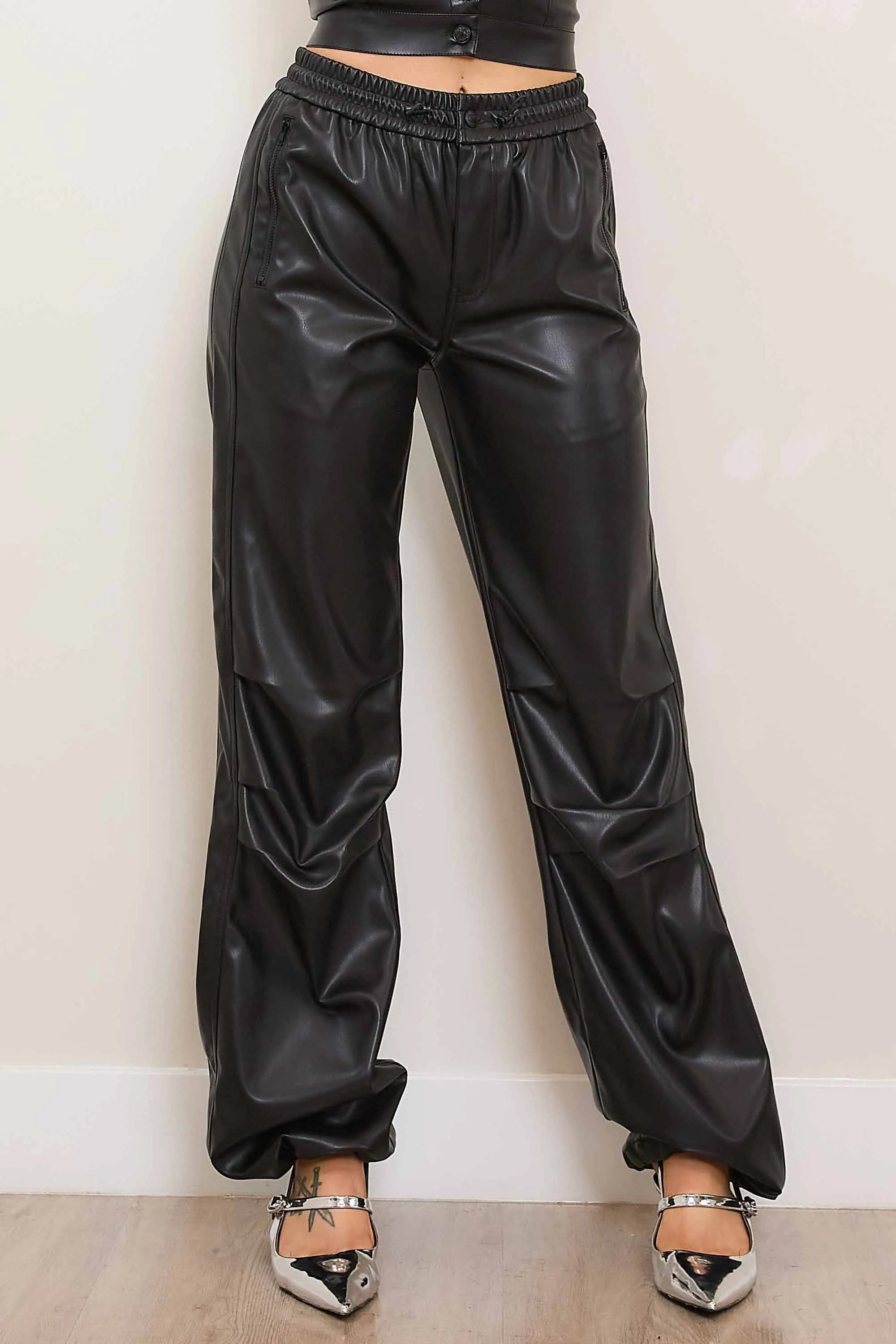Vegan Leather Elastic Waist Band Baggy Pants sold by Vibrant
