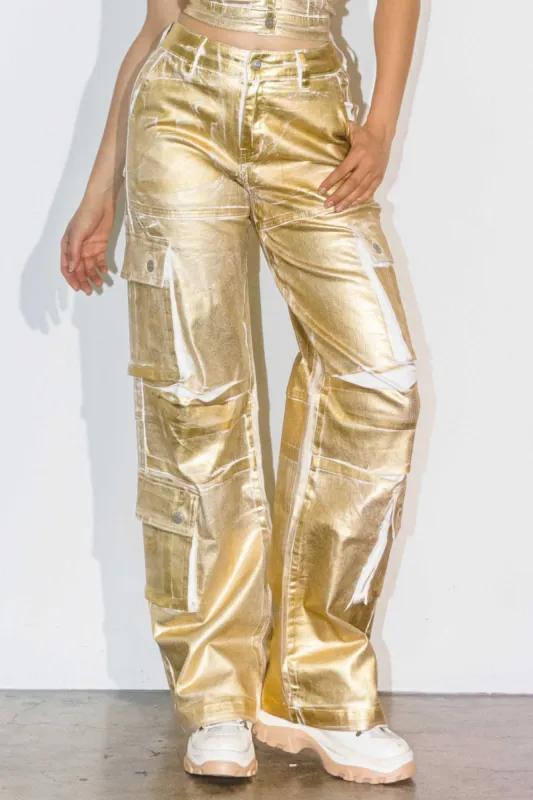 [XPT260] Gold Foil Print Baggy Cargo Pants sold by Vibrant
