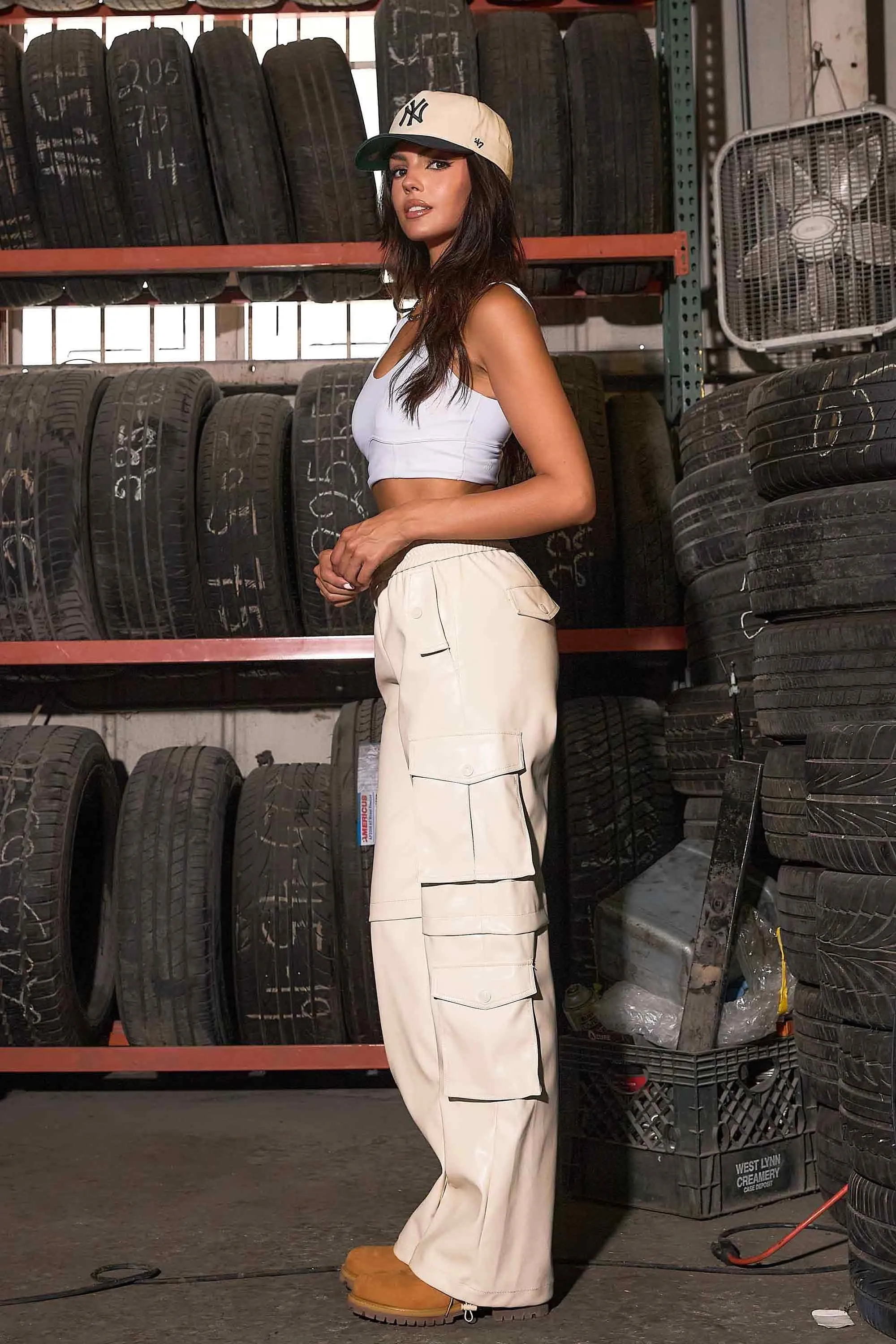 Vegan Leather Elastic Waist Band Baggy Cargo Pants sold by Vibrant product image thumbnail 5