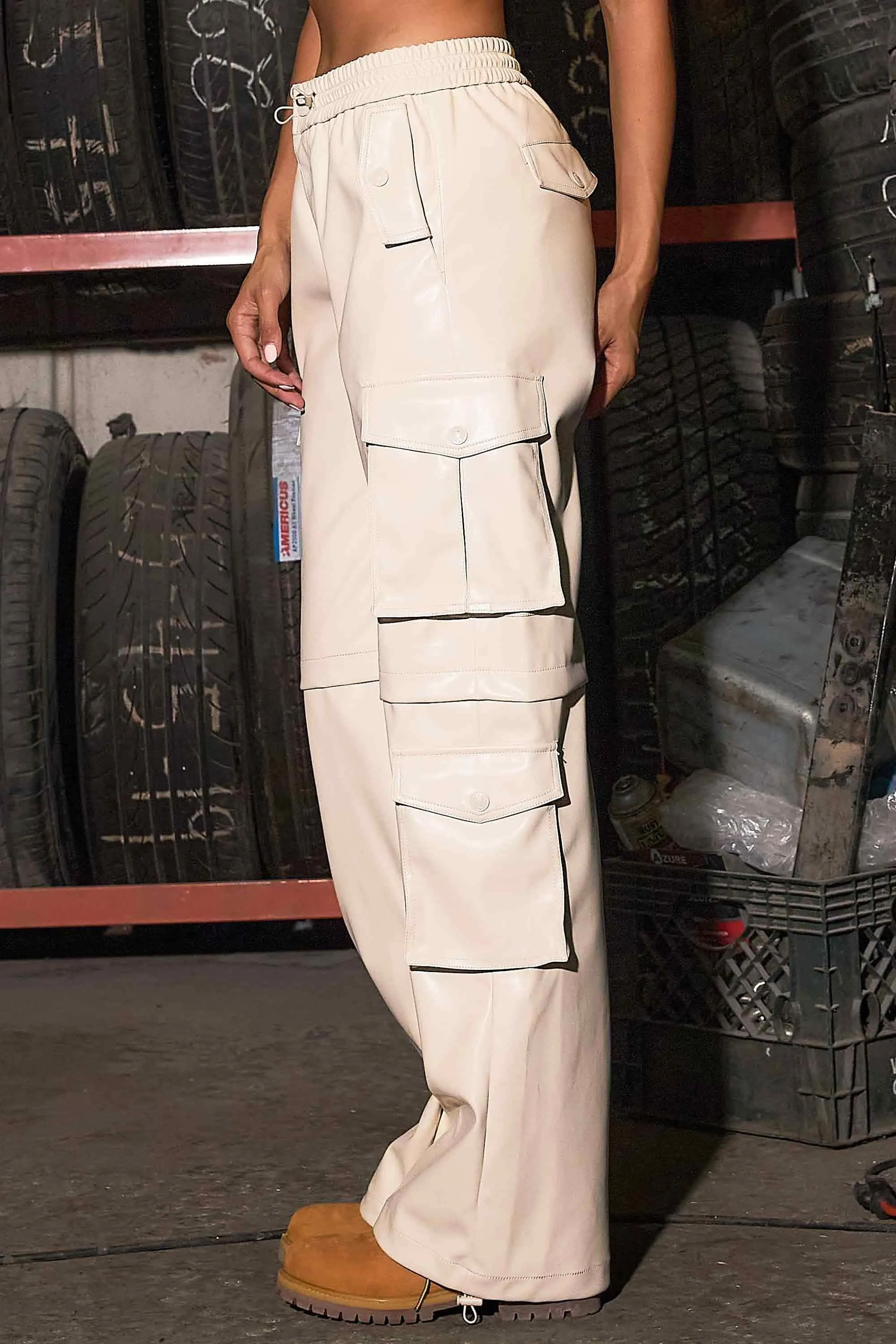 Vegan Leather Elastic Waist Band Baggy Cargo Pants sold by Vibrant product image thumbnail 2