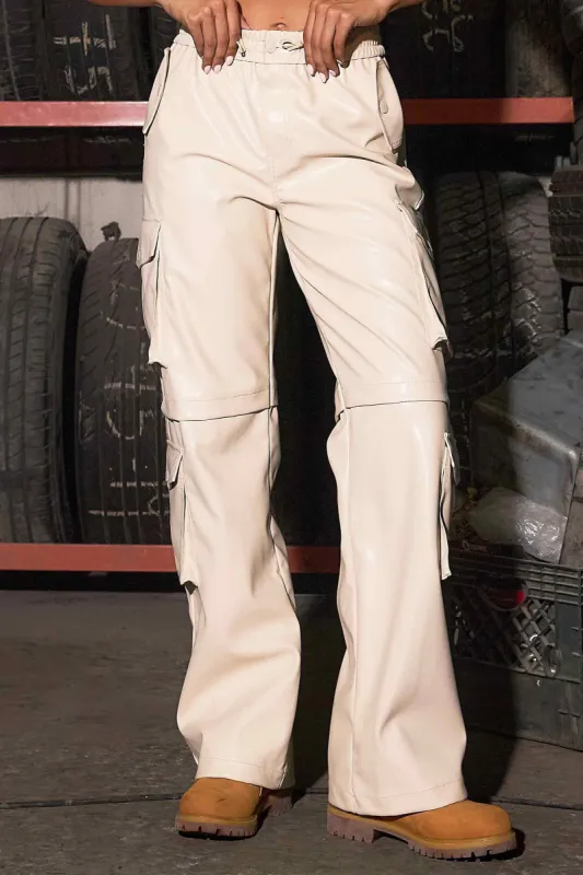 Vegan Leather Elastic Waist Band Baggy Cargo Pants sold by Vibrant