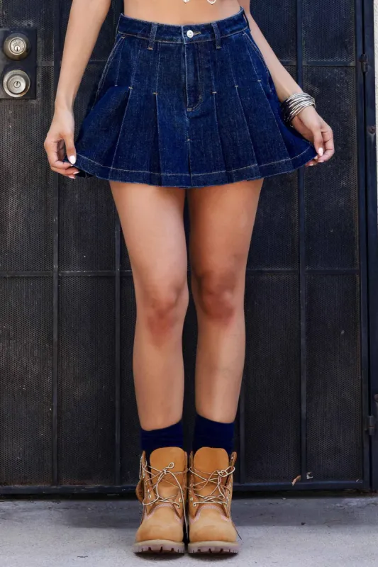 [XSK097] Indigo Denim Pleated Skirt sold by Vibrant