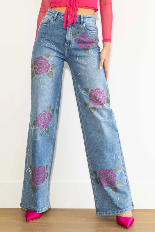 [XPT159] Rose Rhinestone Wide Leg Jeans sold by Vibrant