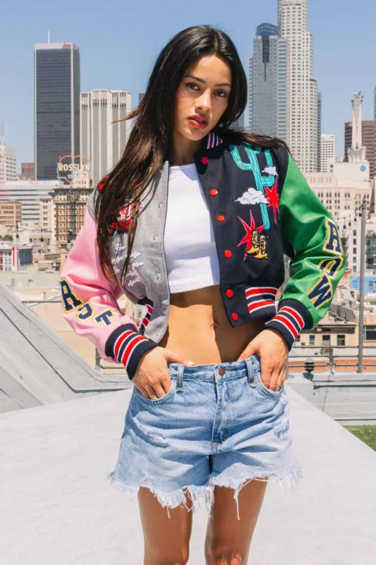 WILD AND FREE CROPPED VARSITY JACKET sold by Vibrant