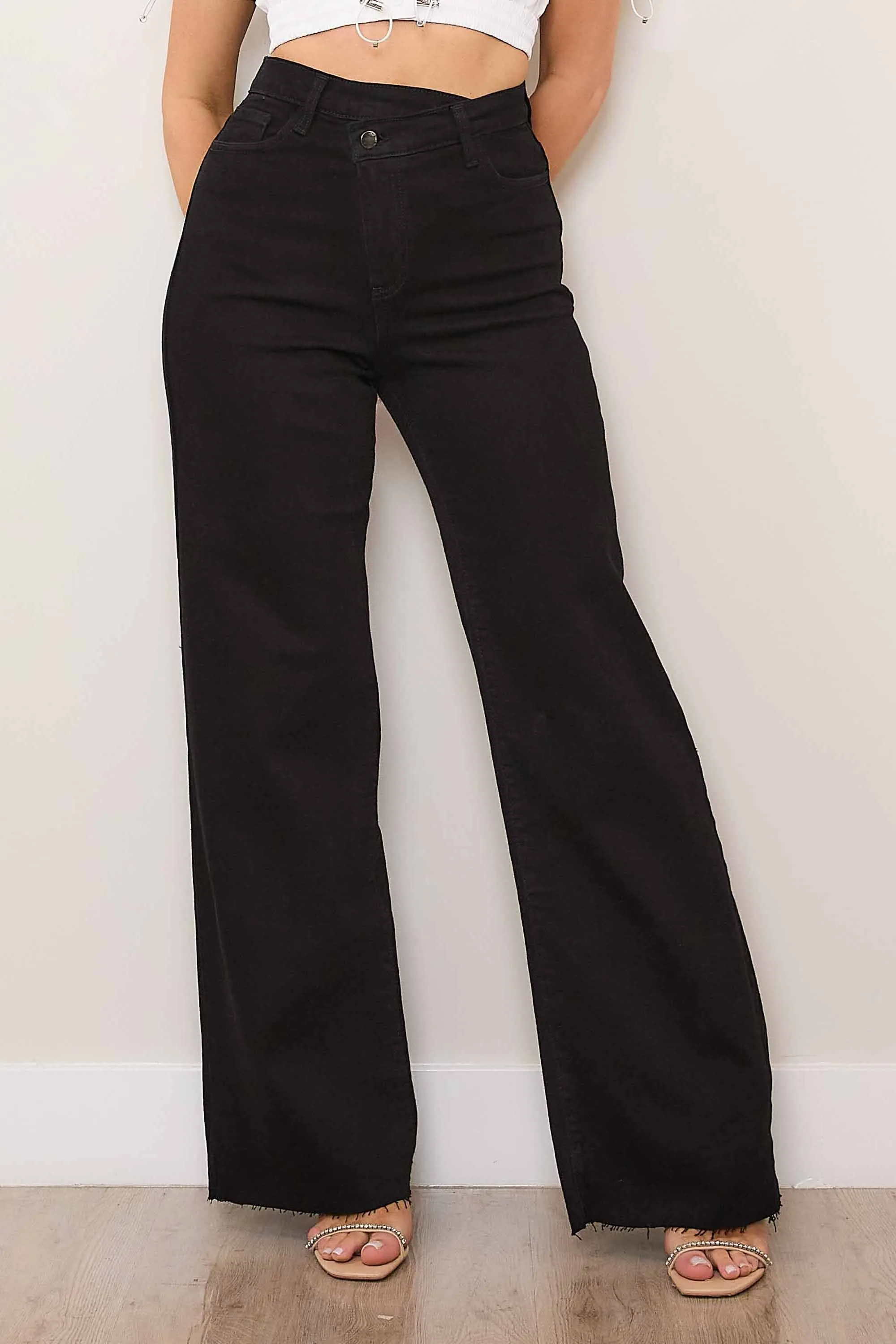 High-Rise Crossed Waist Wide Leg Jeans sold by Vibrant