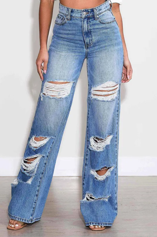 High-Rise Distressed Wide Leg Jeans sold by Vibrant