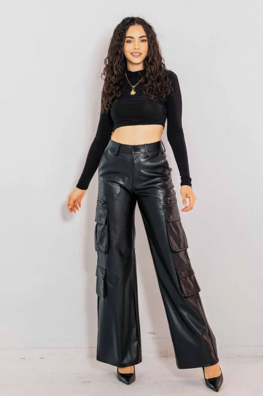 Vegan Leather Cargo Wide Leg Pants sold by Vibrant