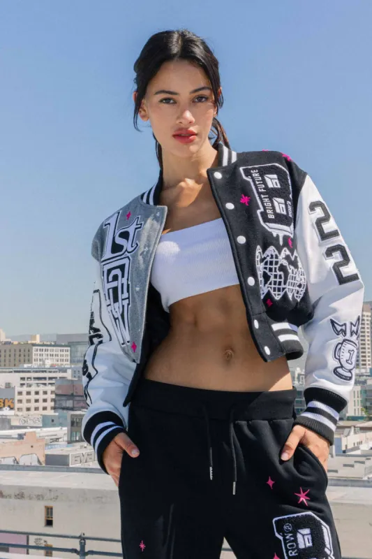 BRIGHT FUTURE CROPPED VARSITY JACKET sold by Vibrant