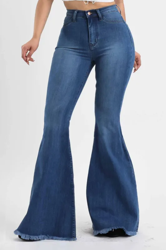 HIGH WAISTED FLARE W FRAYED HEM sold by Vibrant