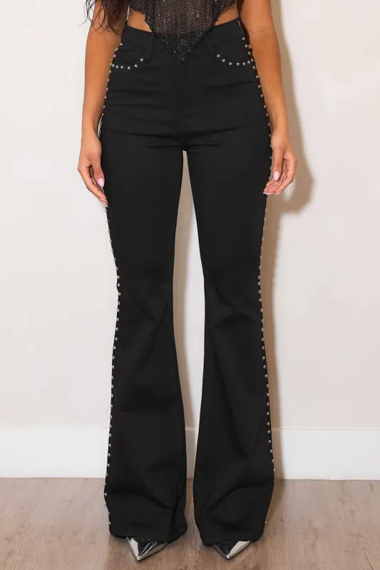 [XPT345] High-Rise Flare Jeans With Studs sold by Vibrant