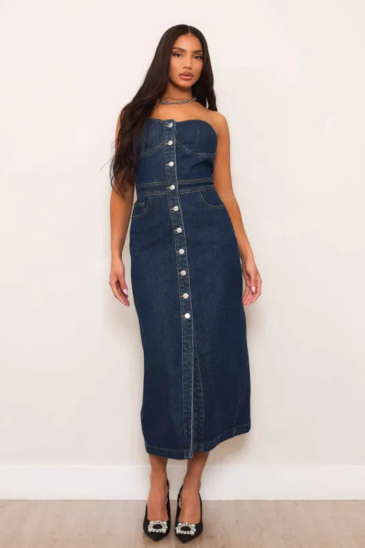 Strapless Denim Midi Dress sold by Vibrant