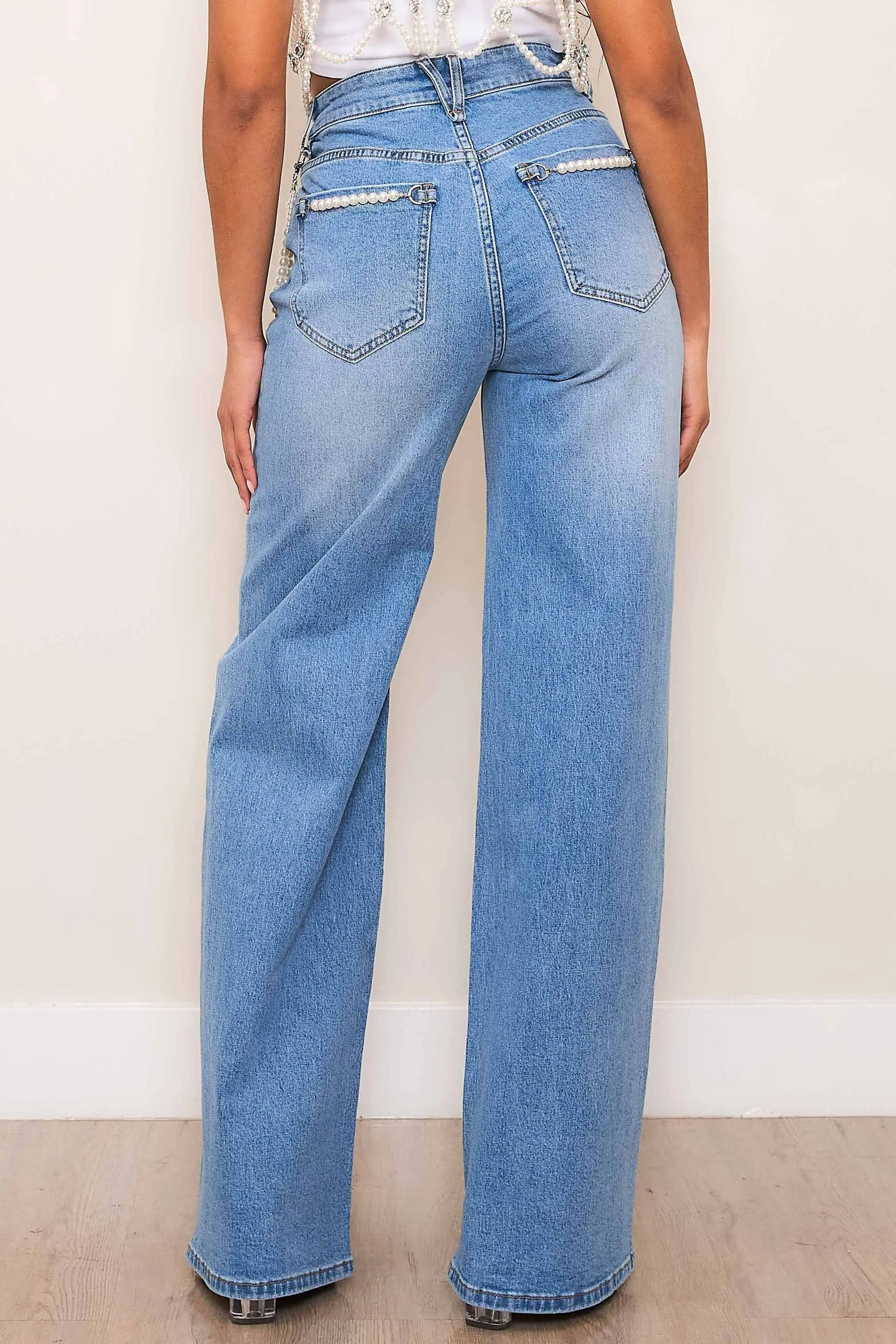 High-Rise Wide Leg Jeans With Pearl String sold by Vibrant product image thumbnail 3