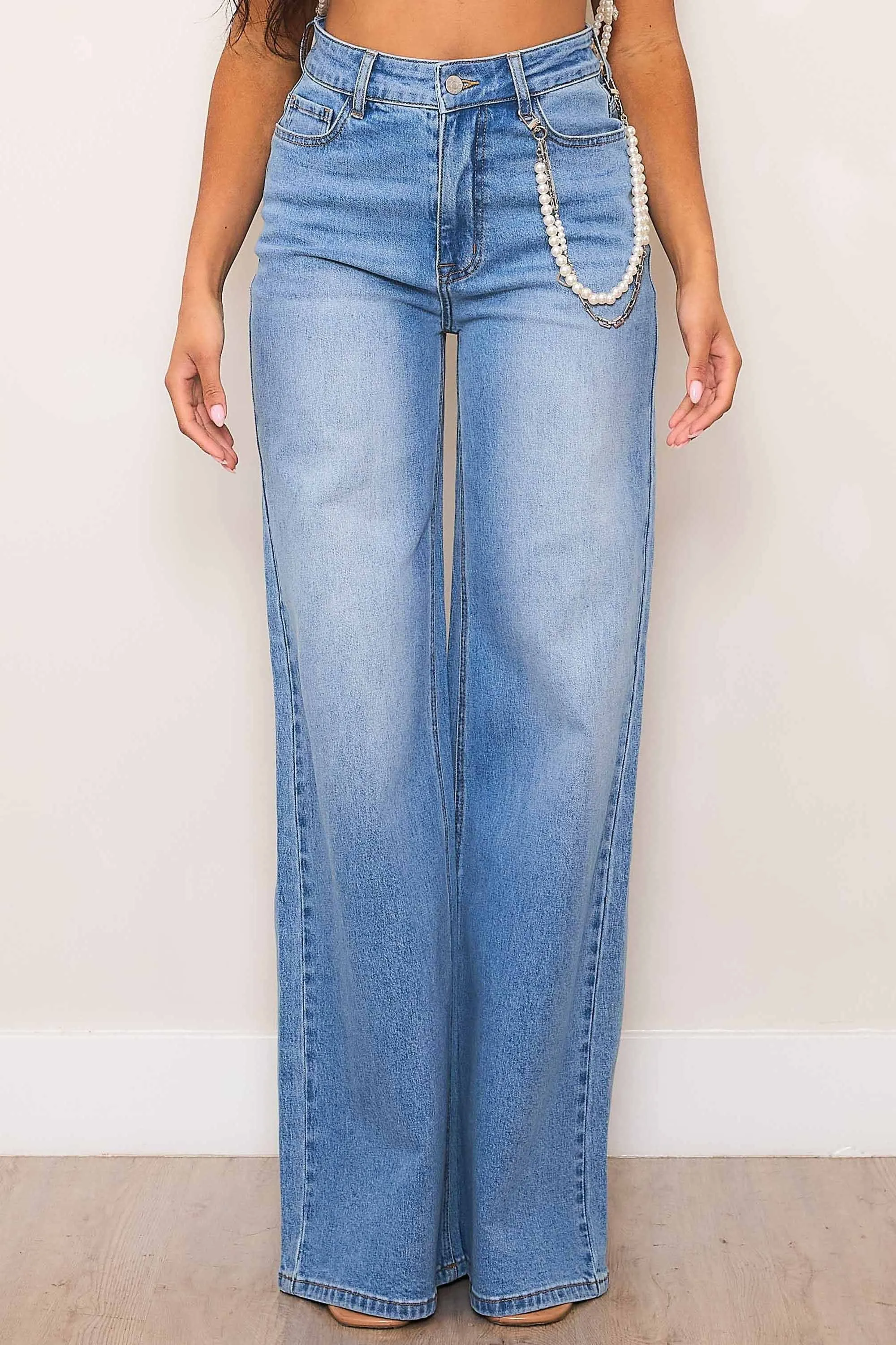 High-Rise Wide Leg Jeans With Pearl String sold by Vibrant