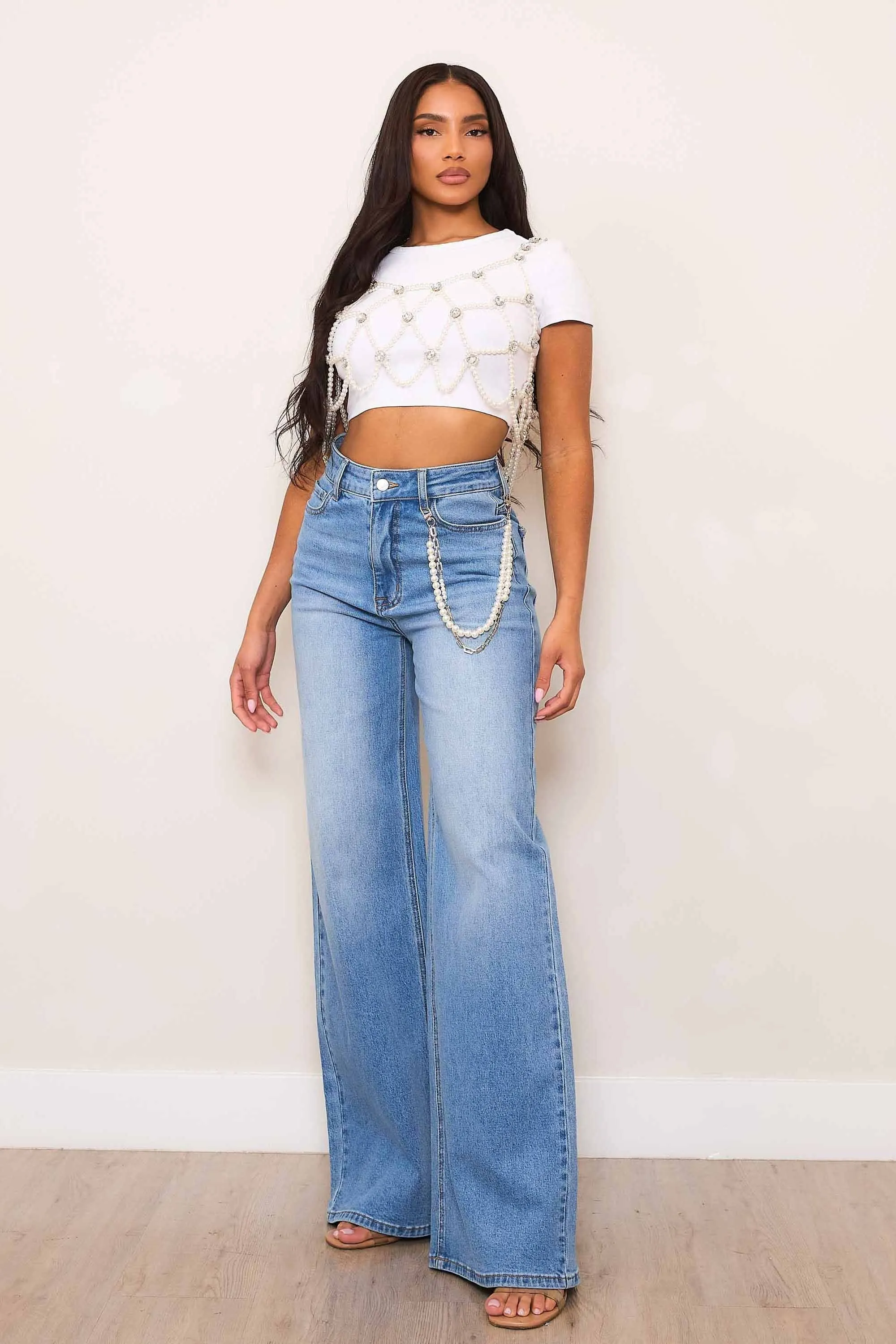 High-Rise Wide Leg Jeans With Pearl String sold by Vibrant product image thumbnail 5