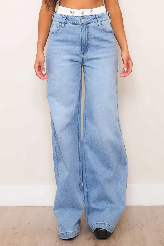 Double Waist Band High-Rise Wide Leg Jeans sold by Vibrant