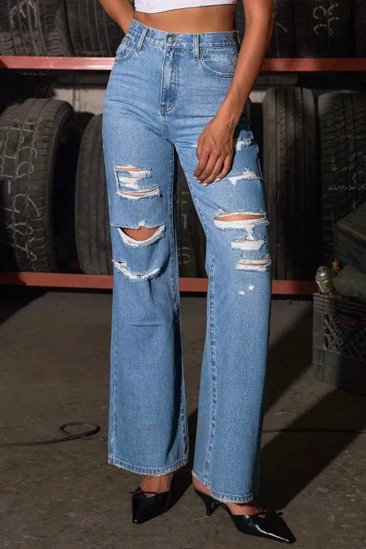 Distressed High Rise Wide Leg Jeans sold by Vibrant