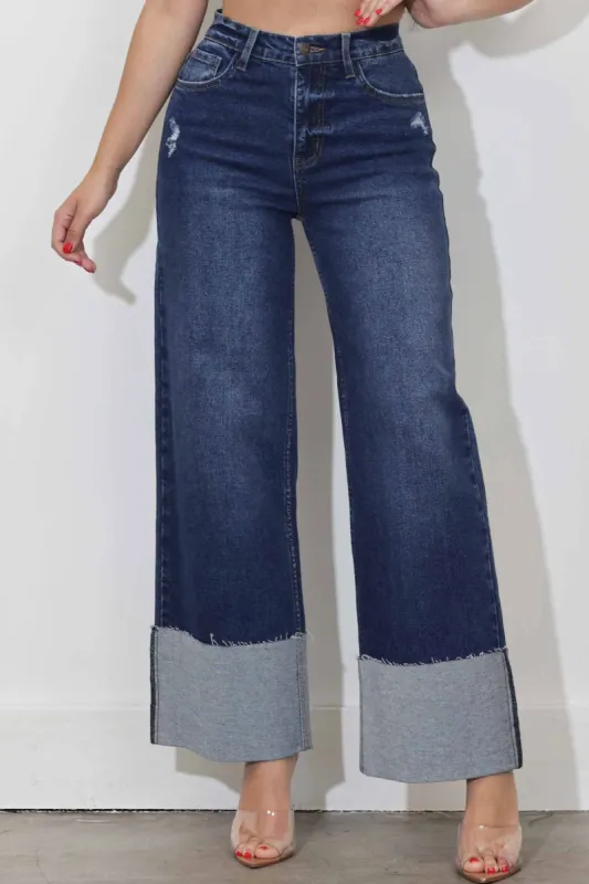[P6180] Cuff Up Wide Leg Jeans sold by Vibrant