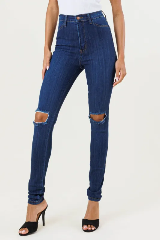 HIGH WAISTED SKINNY W DISTRESS DETAIL sold by Vibrant