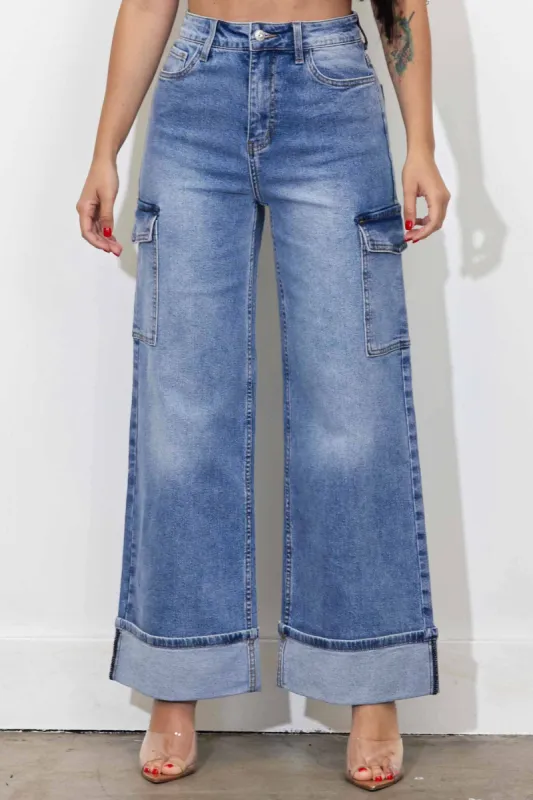 [XPT264R] Cuff Hem Cargo Wide Leg Jeans sold by Vibrant