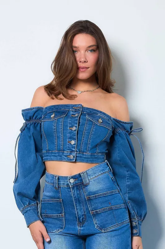 [XTOP125] Denim Tube Top With Sleeves sold by Vibrant