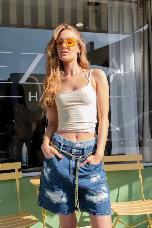 Distress Denim Shorts With Draw String sold by Vibrant