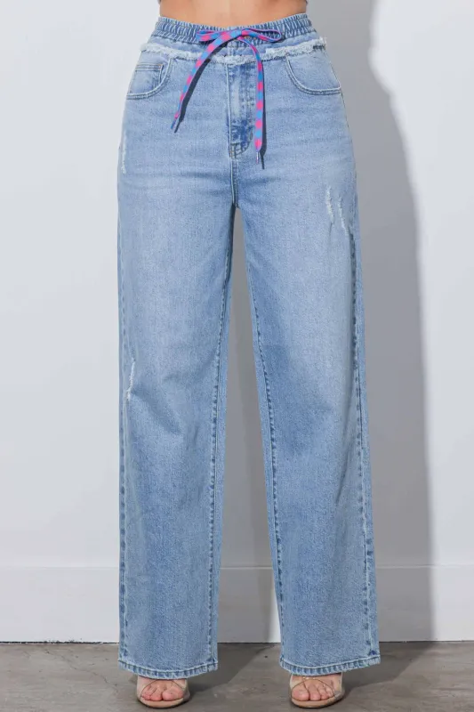 Elastic Waist Straight Jeans With Draw Cord sold by Vibrant