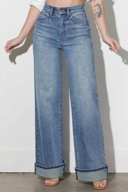 [P6192] Cuff Up Wide Leg Jeans sold by Vibrant