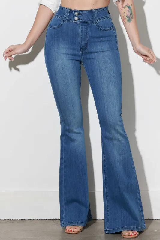 [P6202] Two Button Mid Rise Flare Jeans sold by Vibrant