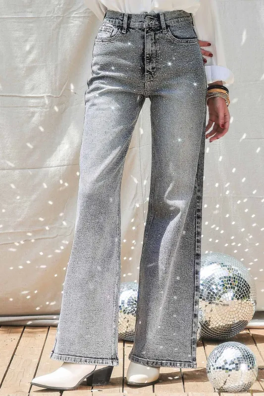 [XPT302-R] Iridescent Rhinestone High-Rise Wide Leg Jeans sold by Vibrant