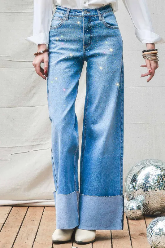 [XPT643] Rhinestone High-Rise Cuff Up Wide Leg Jeans made by Vibrant