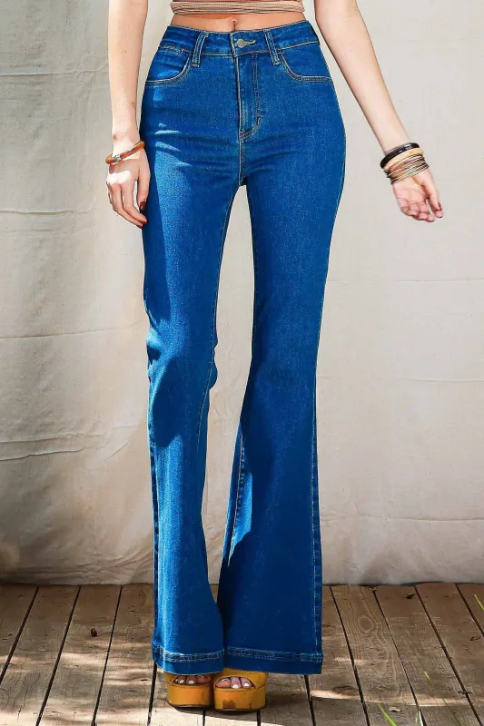 [XPT611] High Rise Flare Jeans With Waist Snaps sold by Vibrant