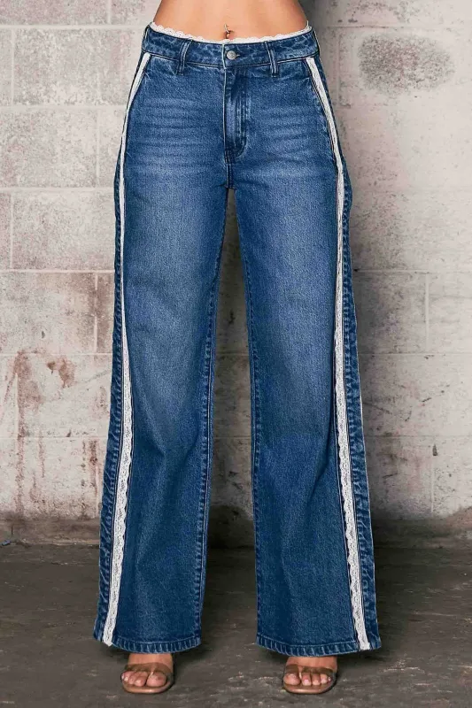 [XPT719] Lace Detail Wide Leg Jeans made by Vibrant