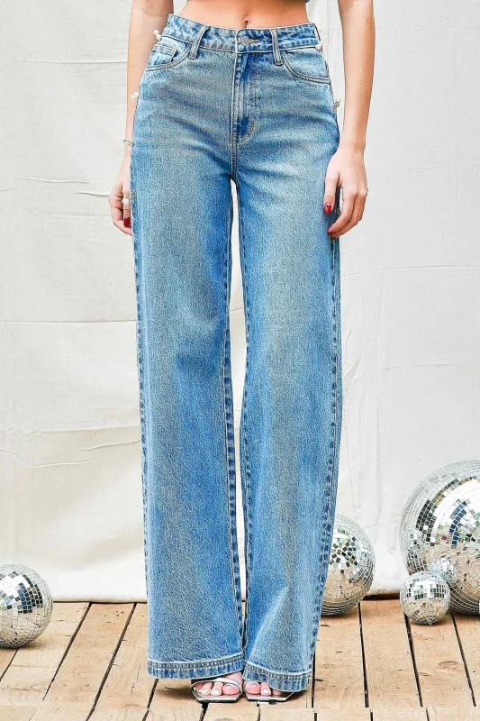 [XPT651] Pearl Ring Detail Wide Leg Jeans made by Vibrant