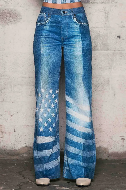 [XPT820] Flag Digital Print Wide Leg Jeans made by Vibrant