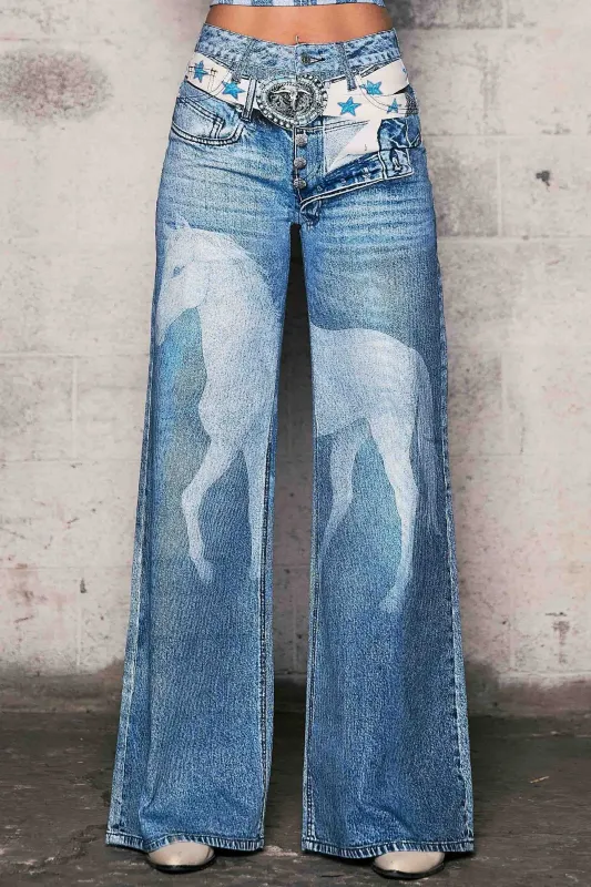 [XPT817] Horse Digital Print Wide Leg Jeans made by Vibrant