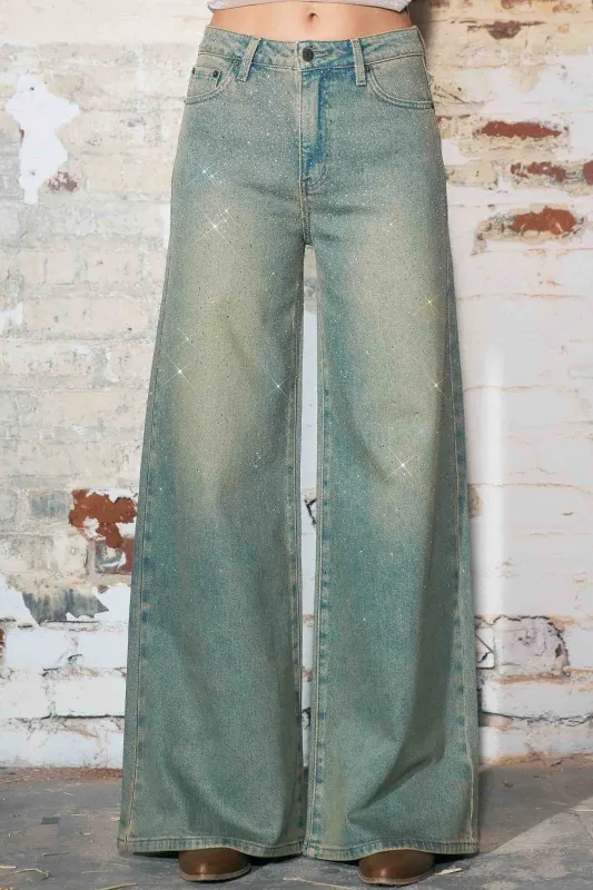 [XPT757] Faded Wide Leg Jeans With Rhinestone made by Vibrant