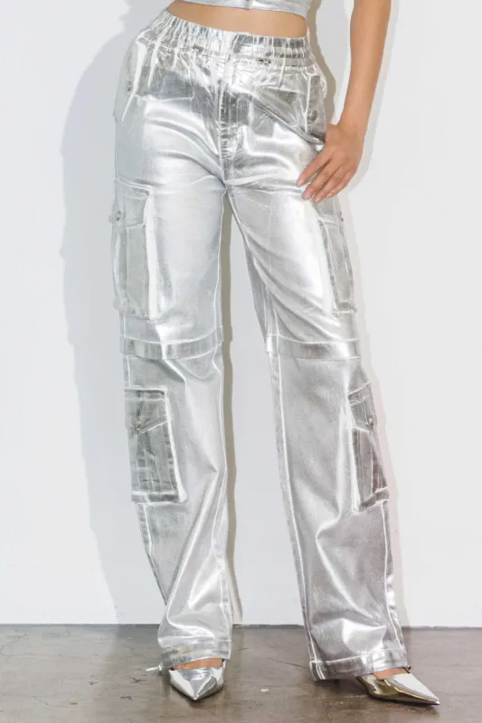 [XPT224] Silver Foil Printed Cargo Pants sold by Vibrant
